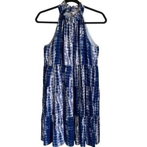 THML Halter Dress Ruffle Neck Tiered Lined Sz XS Tie Dye Print Beachy Coastal